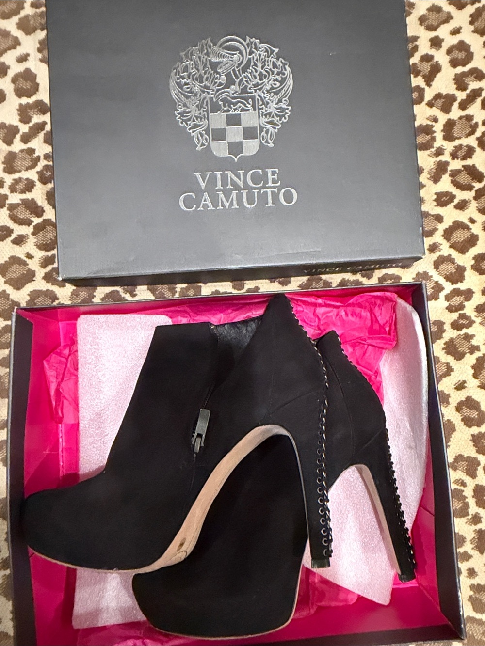 Vince Camuto Black Suede Ankle Booties with Studded Heel Detail